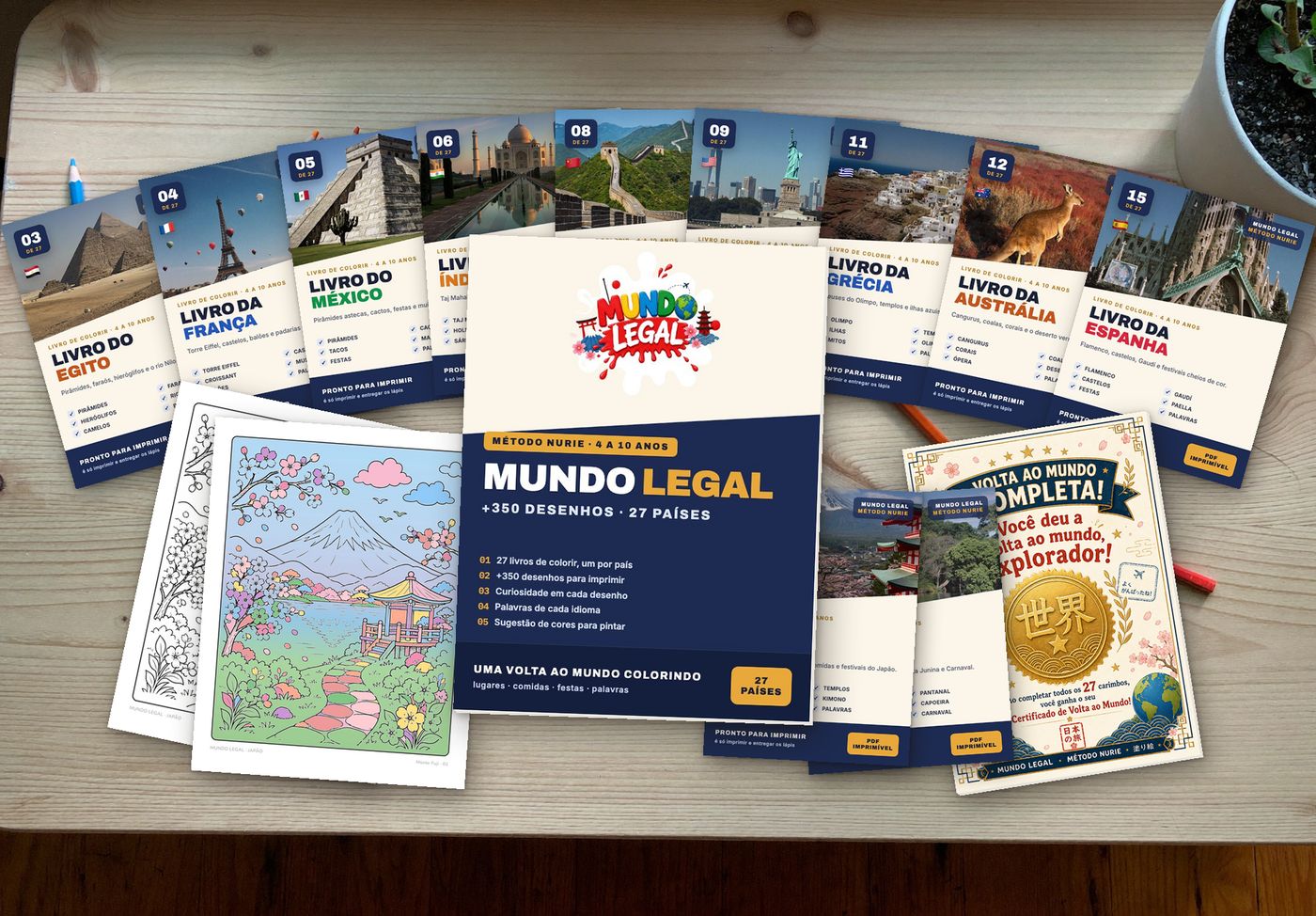 Mockup do Mundo Legal: capas dos livros de vários países, desenhos impressos, um desenho pintado e o passaporte