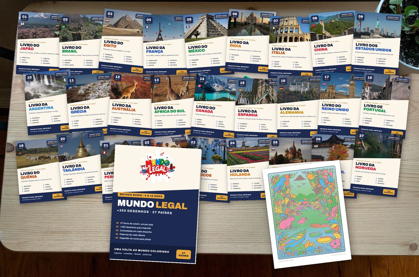 Os 27 livros de colorir do Mundo Legal sobre a mesa