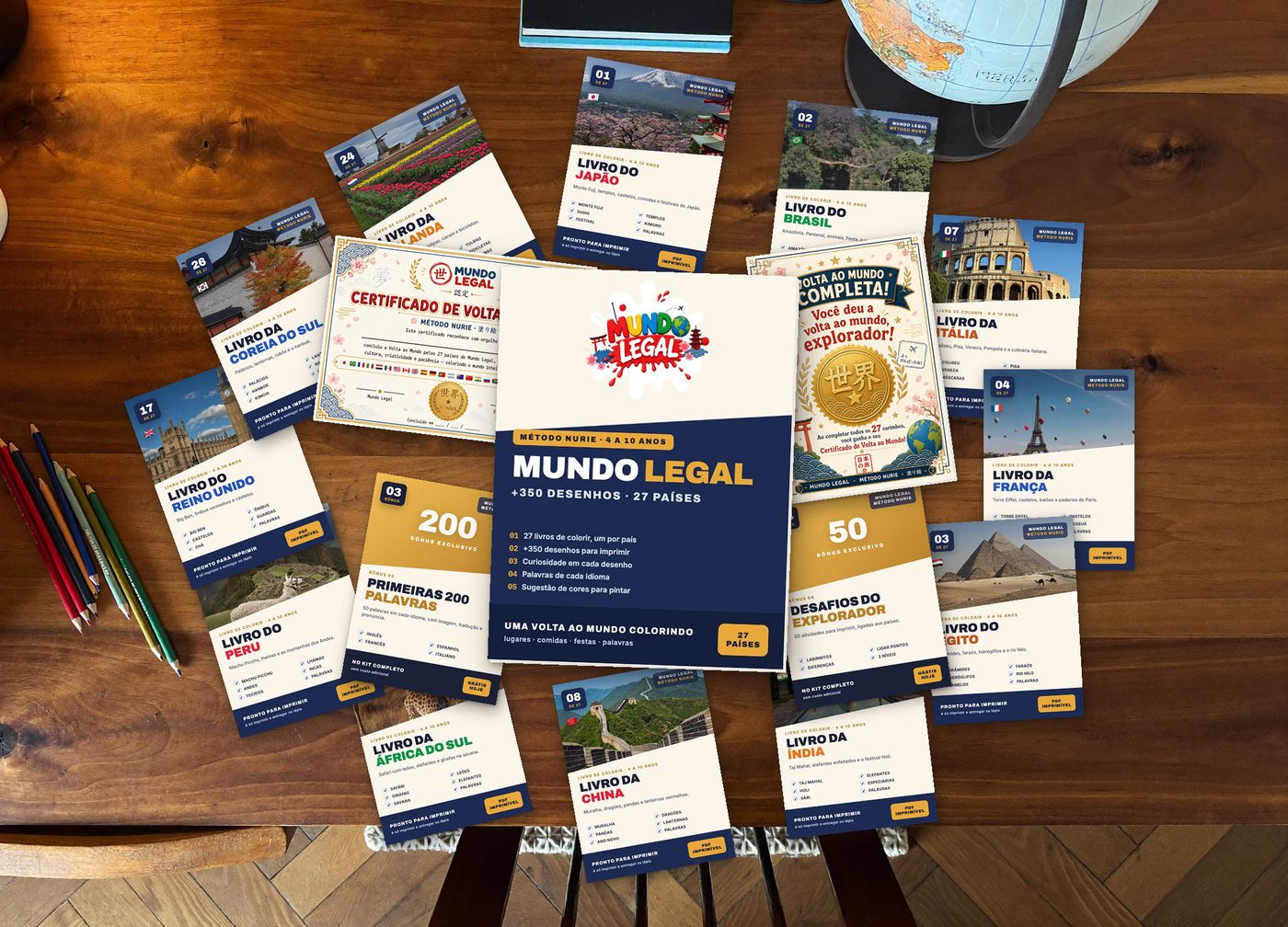 Kit Completo do Mundo Legal: livros dos países, passaporte, certificado e os bônus de palavras e desafios
